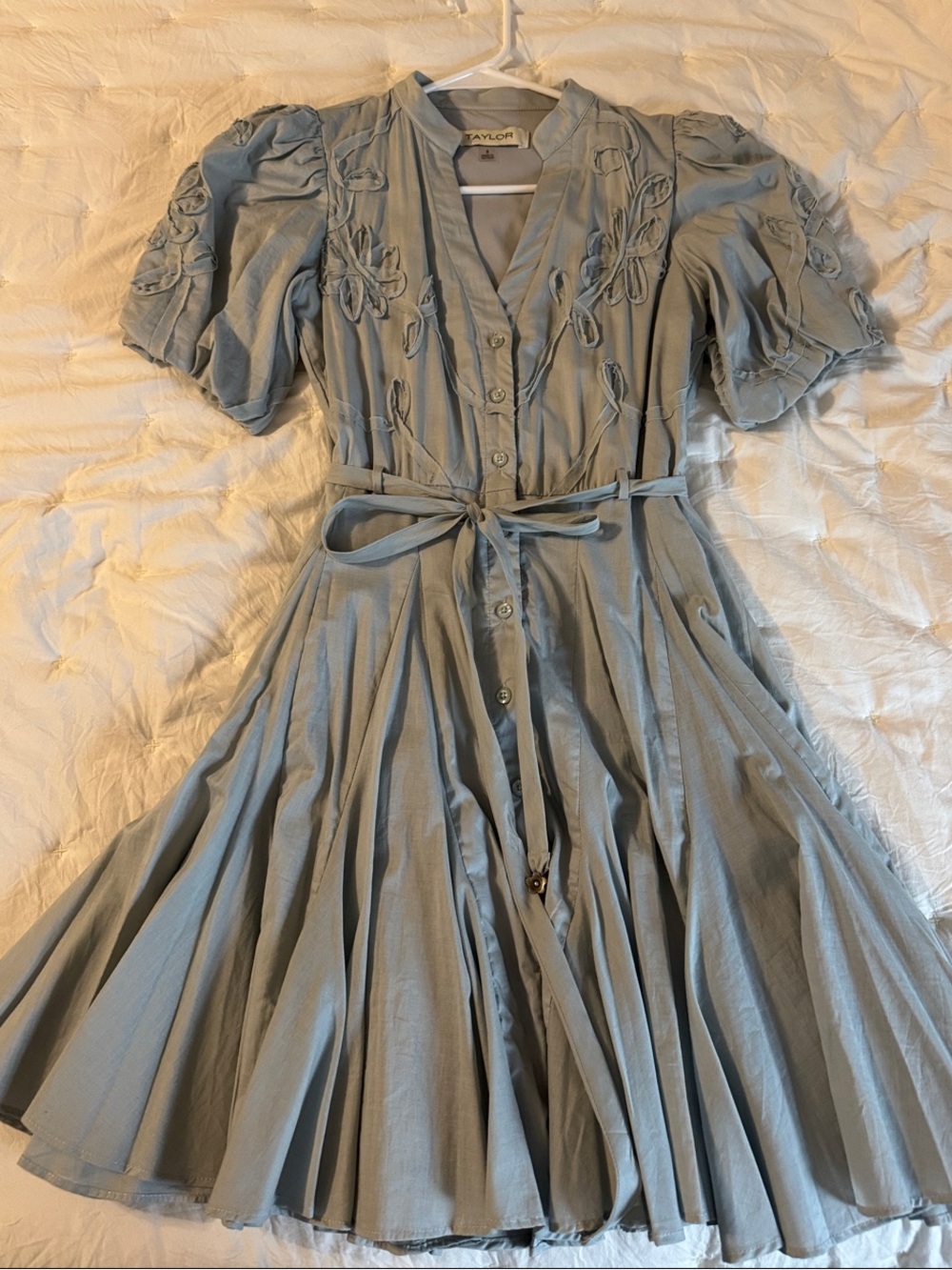 Taylor Pale Blue Embroidered Button-Front Dress with Self Tie